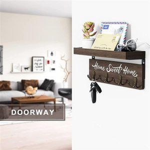 buways Wall-Mounted Key and Mail Holder, Wooden Key Rack with 4 Double Key Hooks